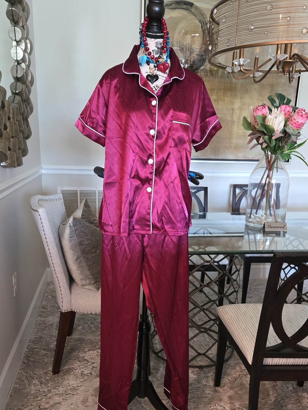 New Women's Satin Pajama Set in Burgundy with Contrast Piping